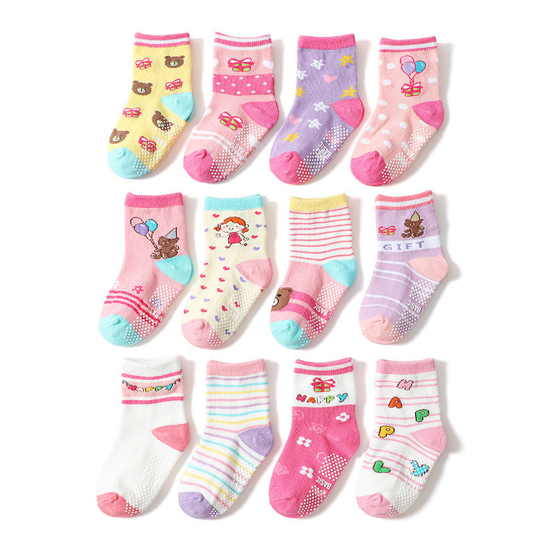 Set 12 Paia Calzini Antiscivolo Bambina – Fantasie Colorate e Scritte “Happy”