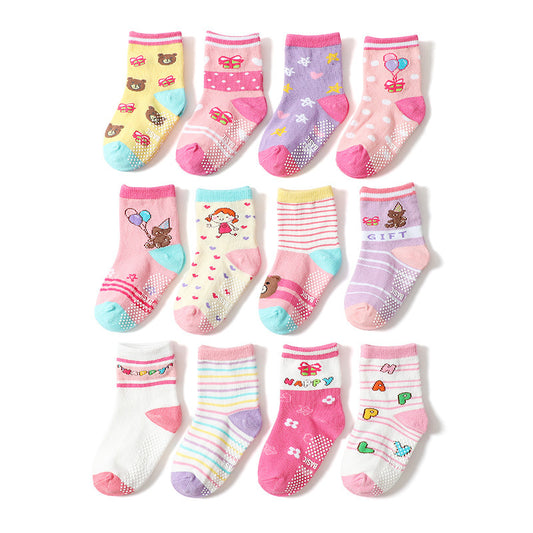 Set 12 Paia Calzini Antiscivolo Bambina – Fantasie Colorate e Scritte “Happy”