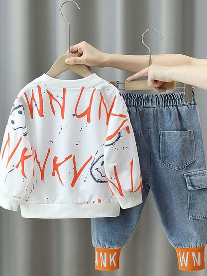 Completo bambino felpa e jeans con stampa smiley e scritte arancioni