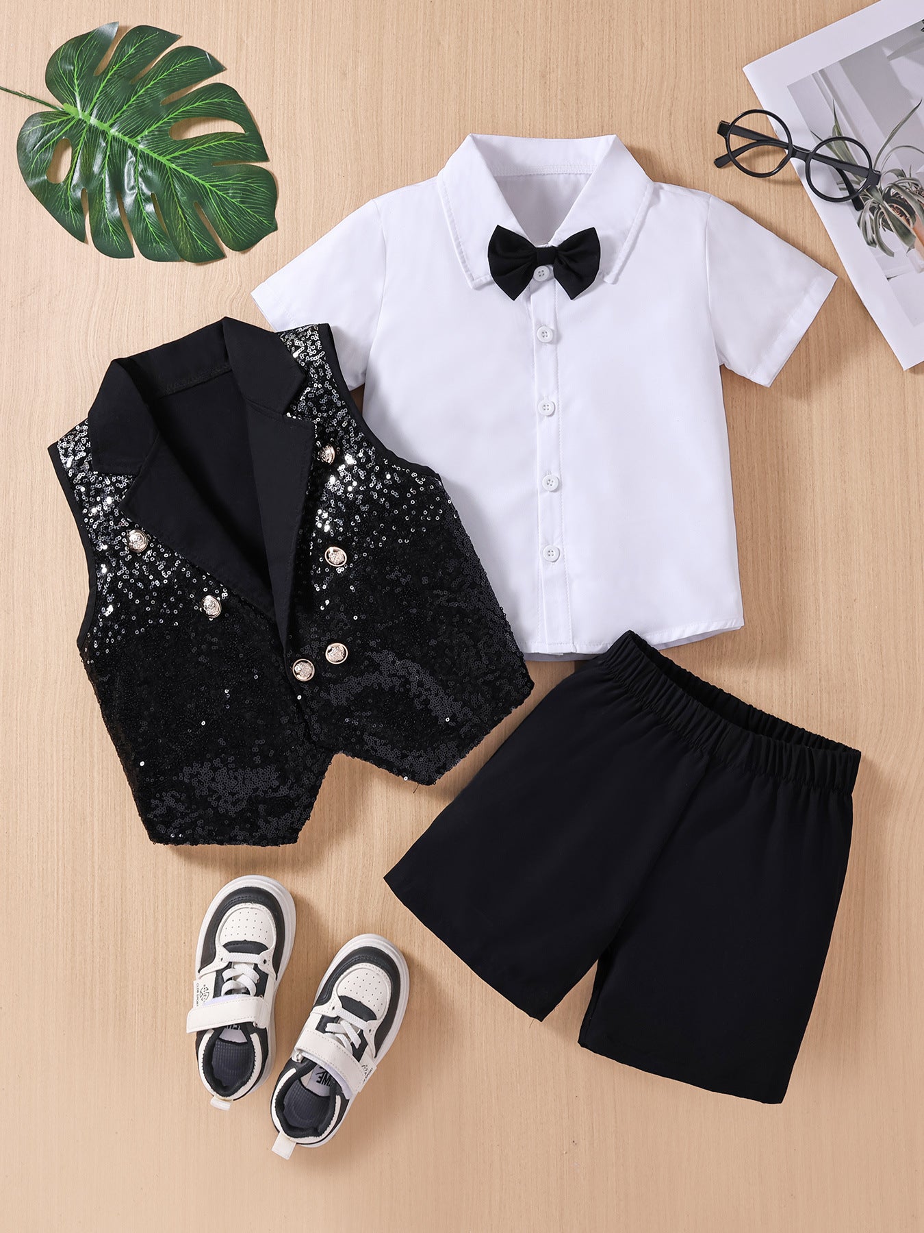 Completo elegante bimbo con gilet paillettato  3 pezzi Nero & Bianco