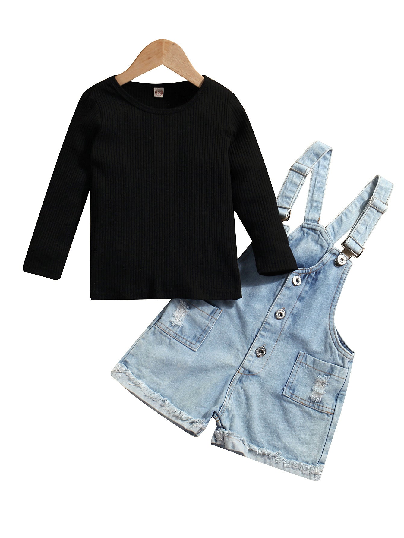 Completo bambina salopette in denim e maglia nera – Urban style