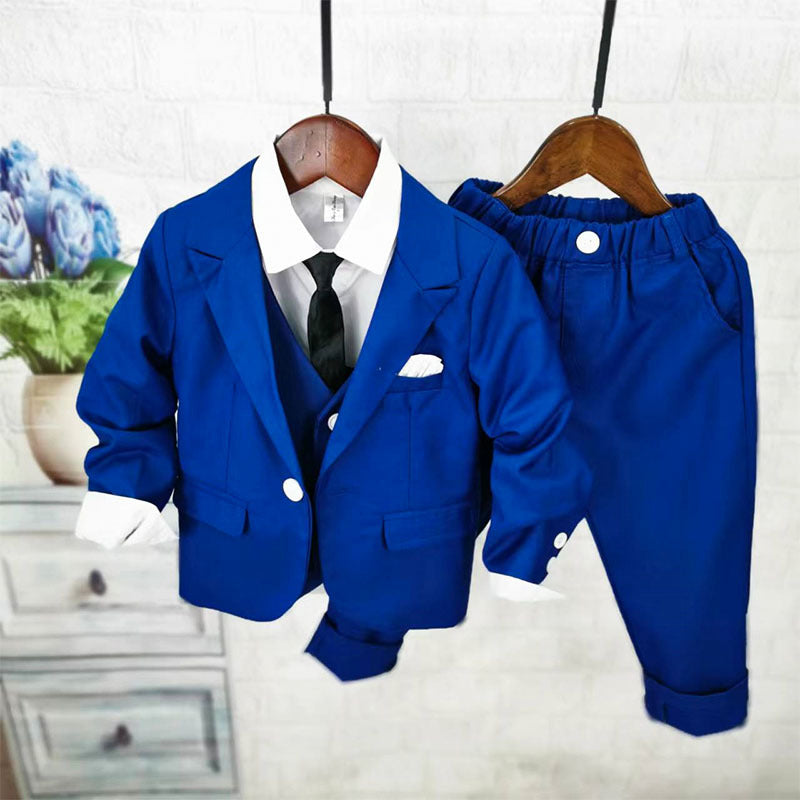 Completo Elegante Bimbo 4 Pezzi – Abito Blu Royal con Giacca, Gilet, Camicia e Pantaloni