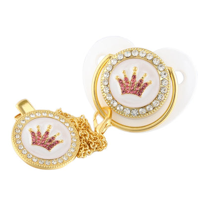 Set Ciuccio e Catenella con Corona Luxury Rosa in Cristalli