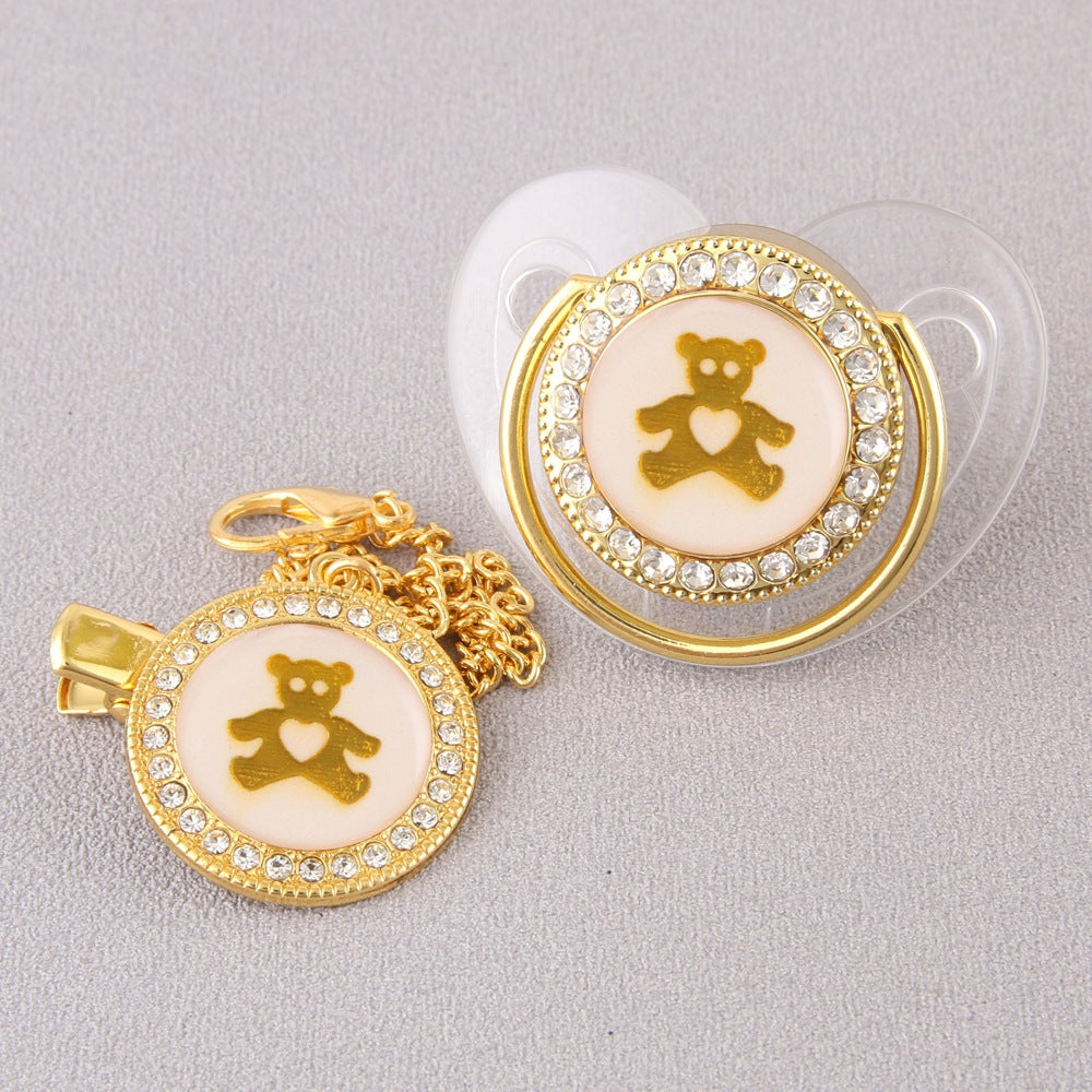 Set Ciuccio 6-12 mesi con Catenella e Copri-Polvere – Decorato con Cristalli e Orsetto