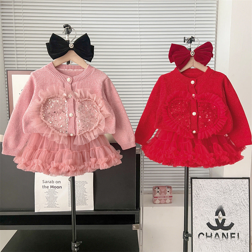 Completo Bambina Maglioncino Cuore con Paillettes e Gonna in Tulle Volant