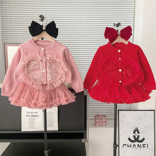 Completo Bambina Maglioncino Cuore con Paillettes e Gonna in Tulle Volant