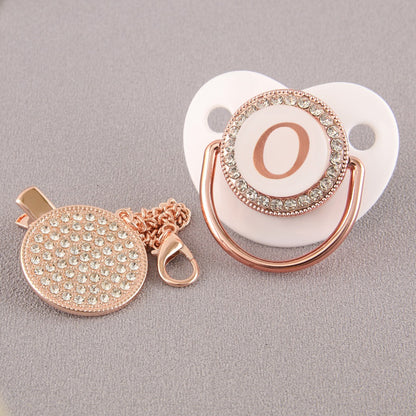 Set Ciuccio Luxury Bianco e oro rosa con Clip – Personalizzato con Iniziale (6-12 mesi)