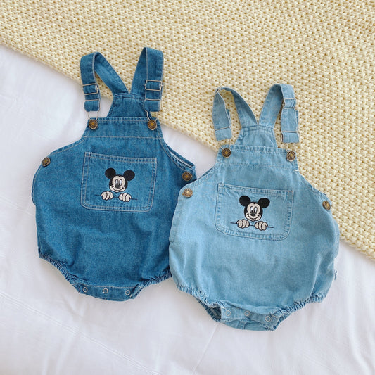 Salopette Neonato in Denim - Design Unisex con Ricamo Topolino