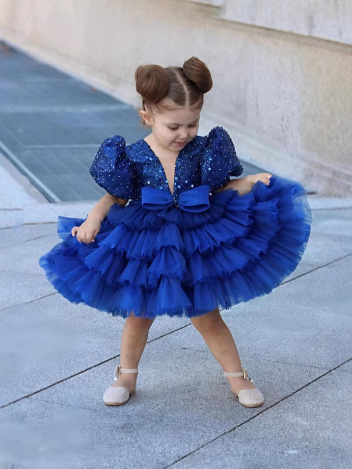 Abito da Cerimonia Bambina in Tulle Blu Reale con Paillettes e Maxi Fiocco
