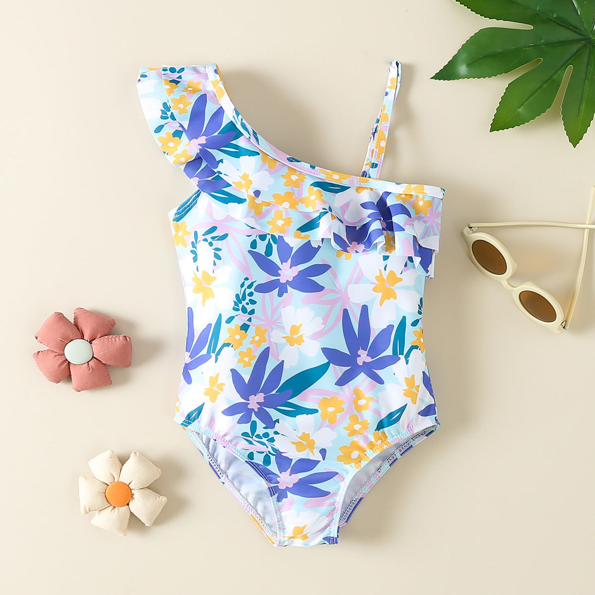 Costume intero bambina a fiori monospalla con volant