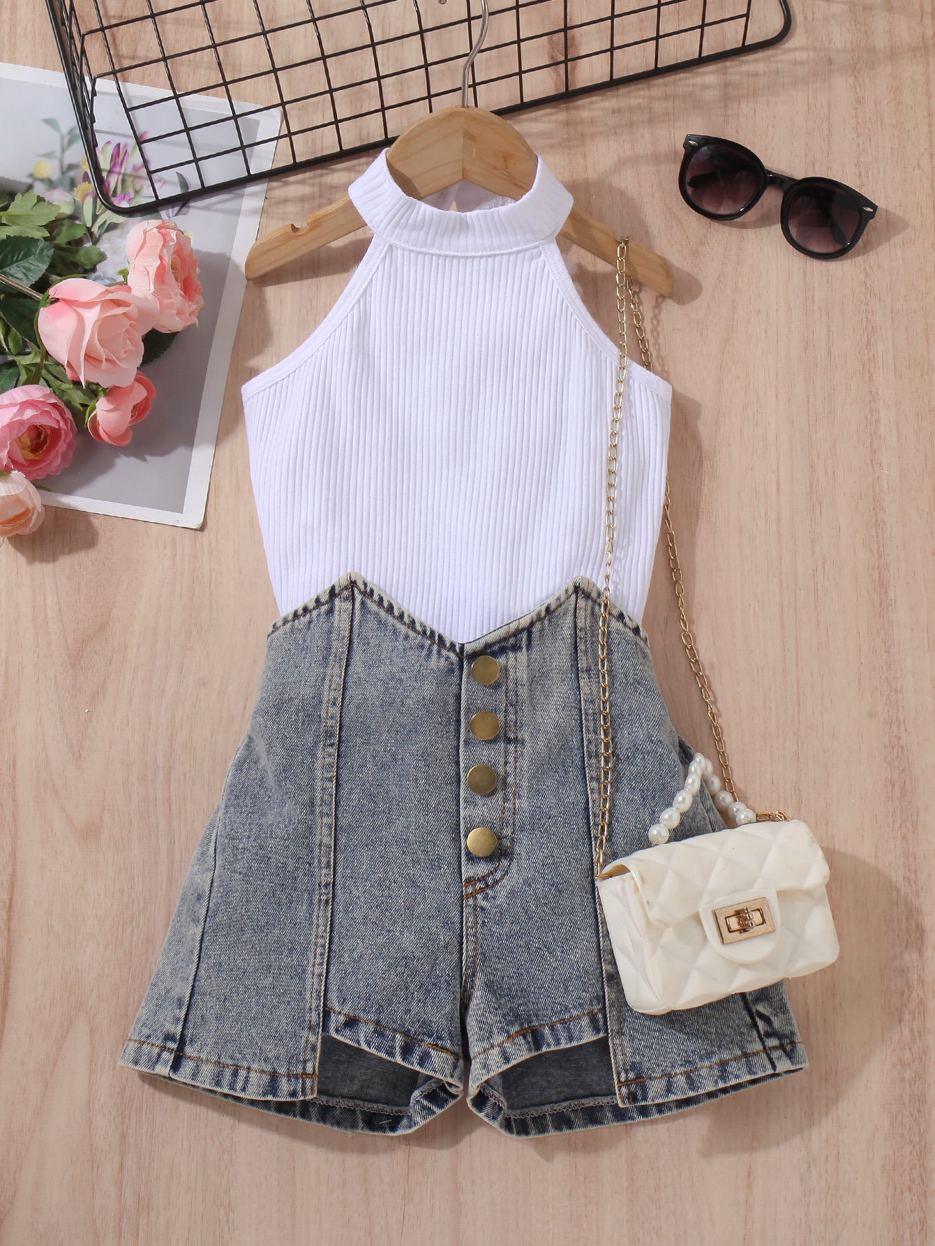 Completo Bimba Casual Chic  Top Nero a Costine e Shorts in Jeans con Bottoni