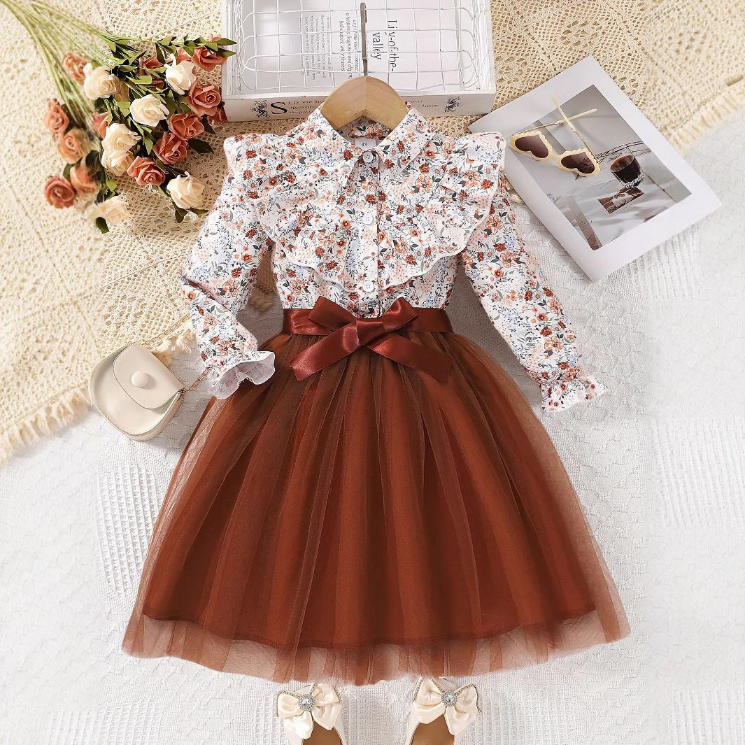 Abito Elegante Bimba   Camicia a Fiori e Gonna in Tulle con Fiocco