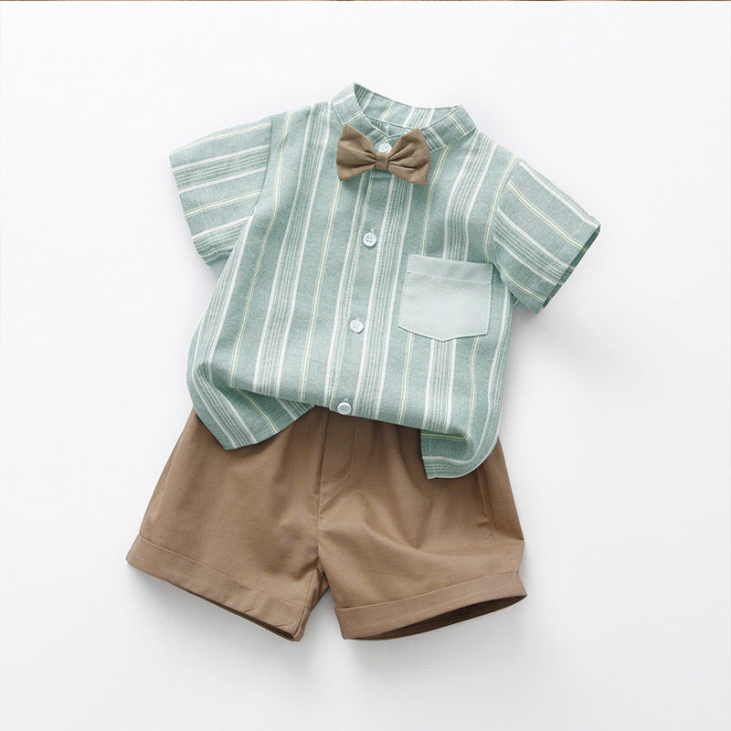 Completo Estivo Bambino  Camicia a Righe Verde con Papillon e Shorts Beige