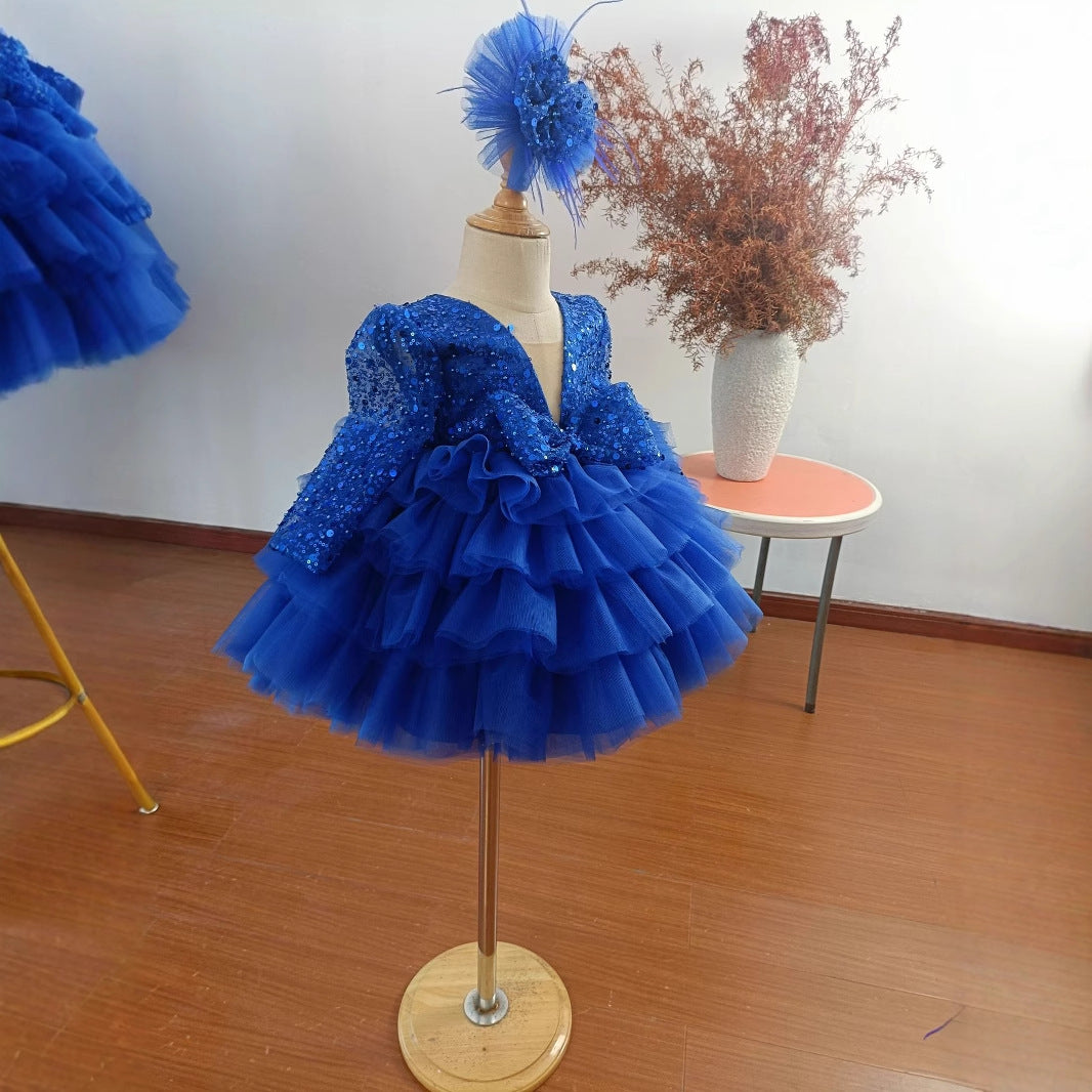 Abito Elegante Bambina Blu Royal con Paillettes, Tulle e Maxi Fiocco