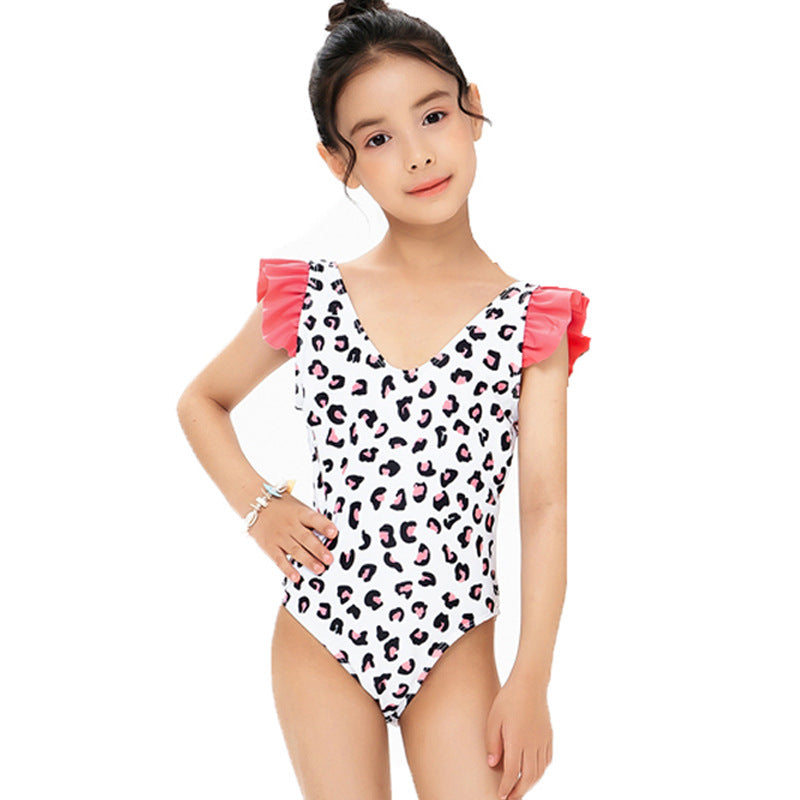 Costume intero bambina stampa animalier - con volant rosa sulle spalle