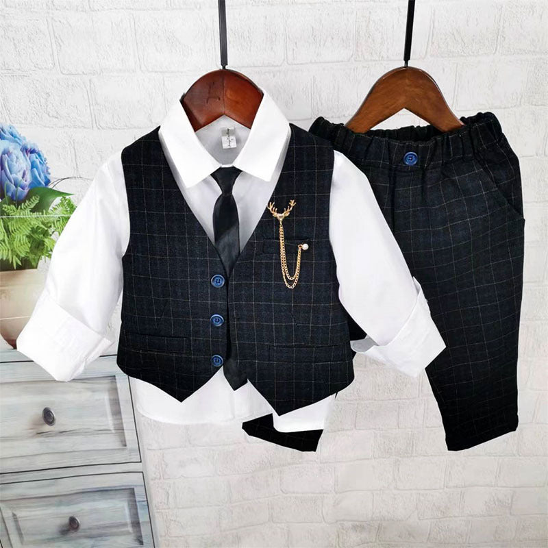 Completo Bimbo 3 Pezzi Elegante – Gilet e Pantaloni Check Neri con Cravatta