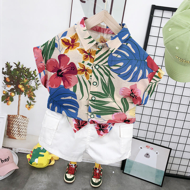 Completo Estivo Bambino  Camicia Tropicale e Shorts Bianchi