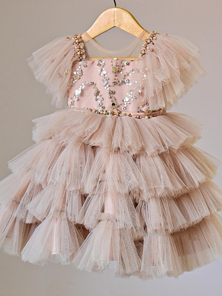 Abito da Cerimonia Bambina in Tulle Multistrato con Paillettes, Perline e Maxi Fiocco
