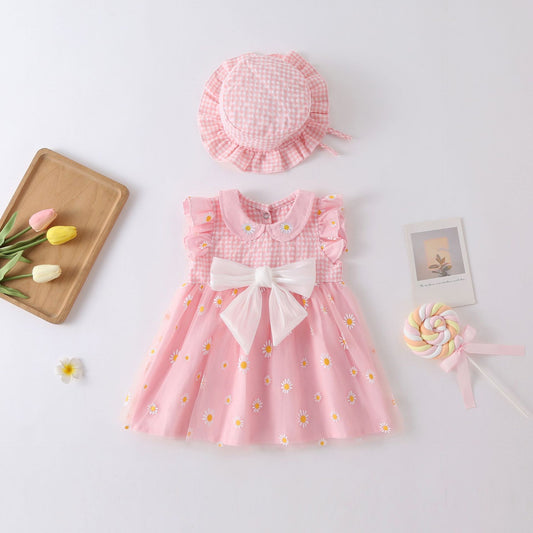 Abito Rosa Elegante con Fiocco Bianco e Cappello Coordinato per Bambina