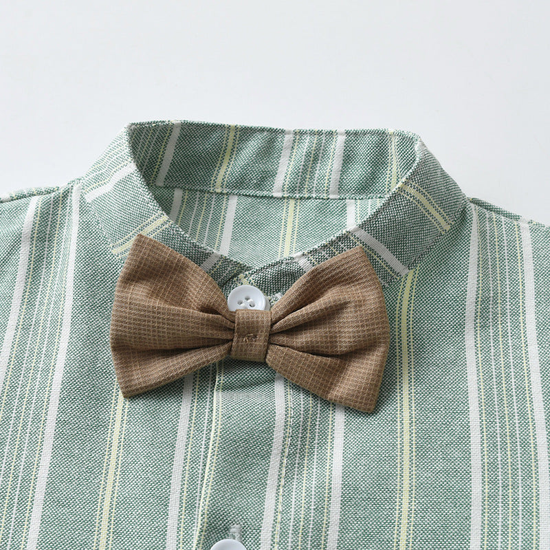 Completo Estivo Bambino  Camicia a Righe Verde con Papillon e Shorts Beige