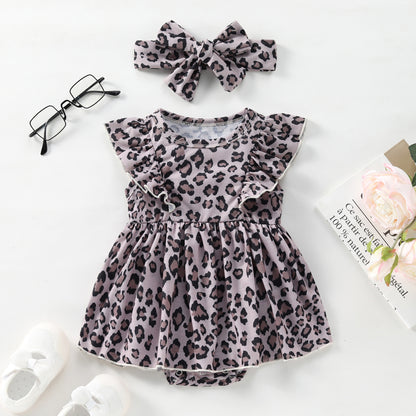 Tutina Estiva Neonata con Gonna e Fascia – Stampa Leopardata