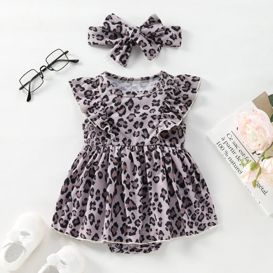 Tutina Estiva Neonata con Gonna e Fascia – Stampa Leopardata