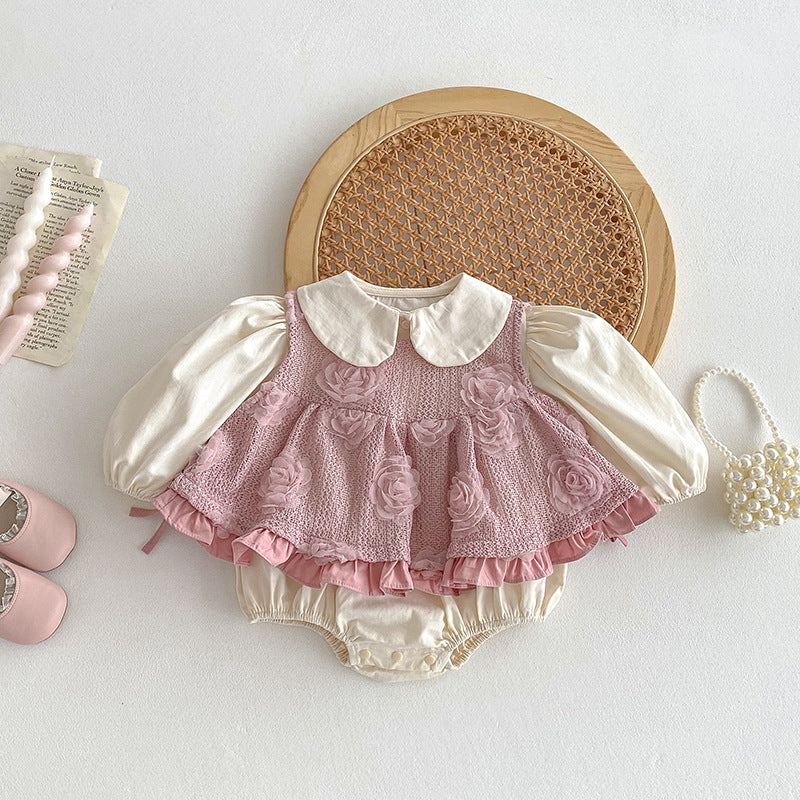 Pagliaccetto Elegante Neonata con Gonna Rosa Ricamata e Colletto