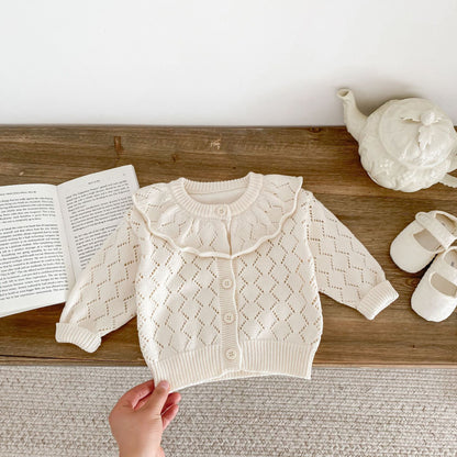 Cardigan Neonata/ Bimba in Maglia con Colletto Volant – Lavorazione a Rombo
