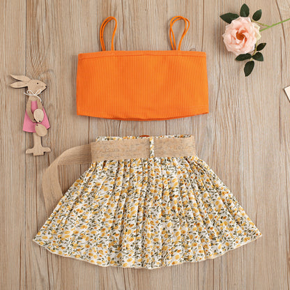 Completo estivo bambina – Top arancione e gonna floreale con cintura
