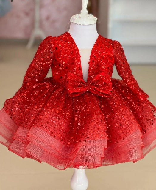 Abito da Cerimonia Bambina in Tulle Rosso con Paillettes e Maxi Fiocco