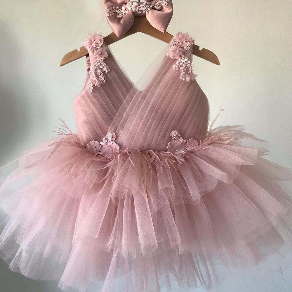 Abito da Cerimonia Bambina in Tulle con Fiocco e Applicazioni Floreali