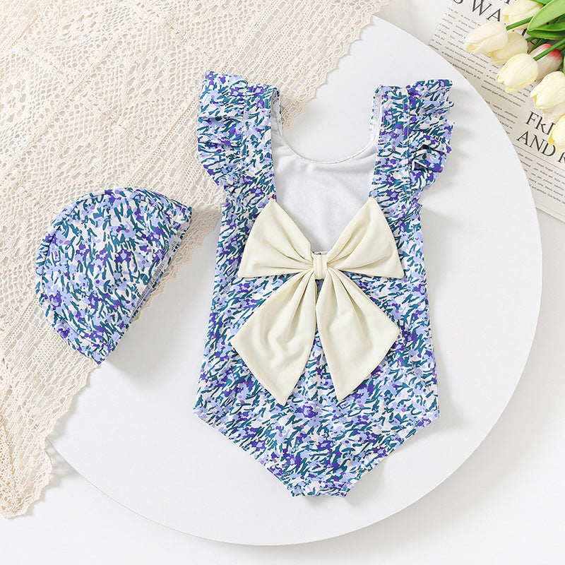 Costume Intero Bambina con Fiocco e Cuffietta – Fantasia Floreale Viola