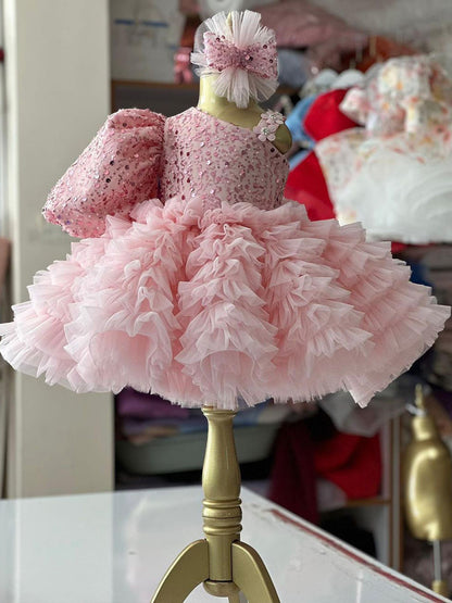 Abito da Cerimonia Bambina - Rosa con Paillettes, Tulle Vaporoso e Fiocco Coordinato