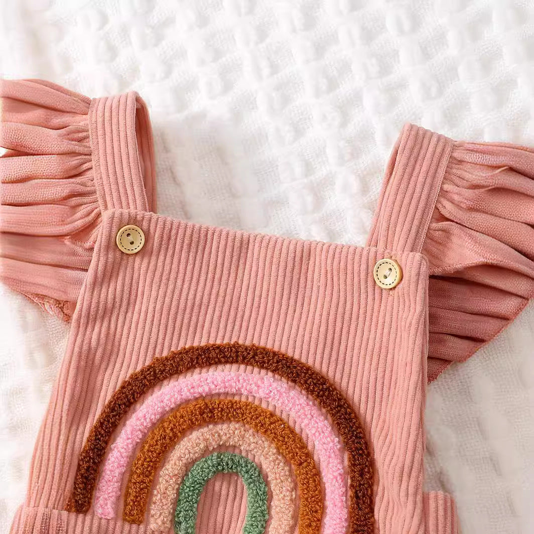 Completo Neonata in Velluto a Coste con Arcobaleno – Body con Volant + Fascia