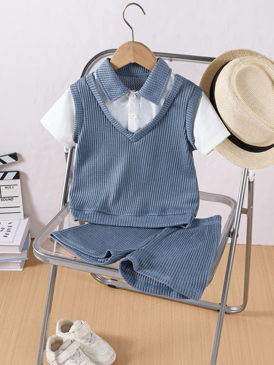 Completo bimbo 3 pezzi con gilet in maglia   Blu denim