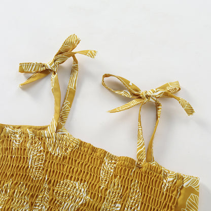 Completo estivo bambina 2 pezzi con stampa foglie tropicali