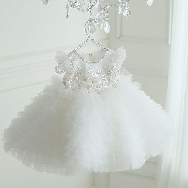 Abito Elegante Bambina  con Fiori Ricamati e Gonna in Tulle