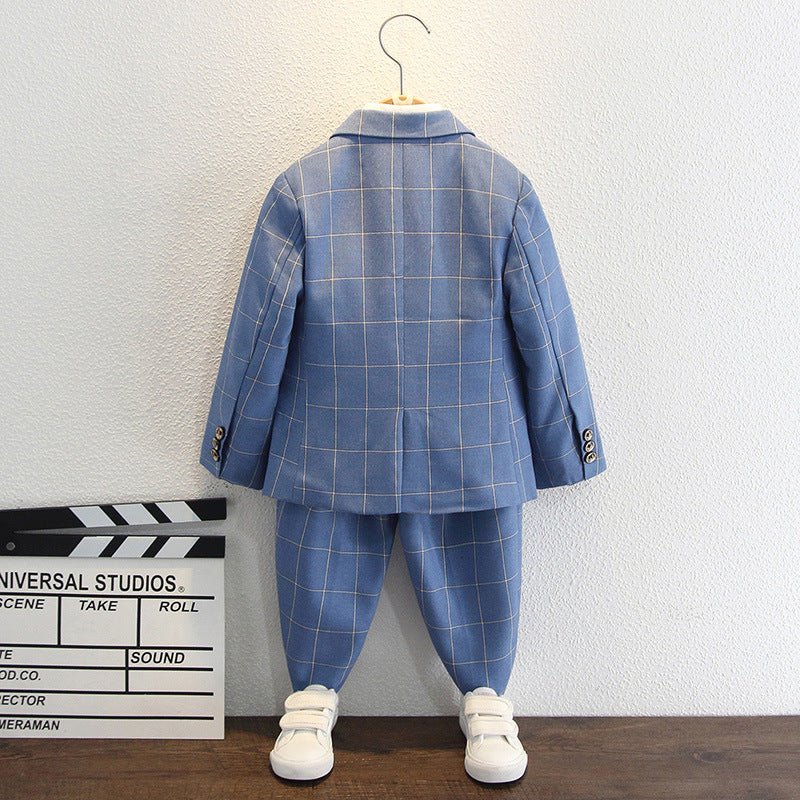 Completo Elegante Bambino 5 Pezzi  Azzurro  Quadrettato con Papillon