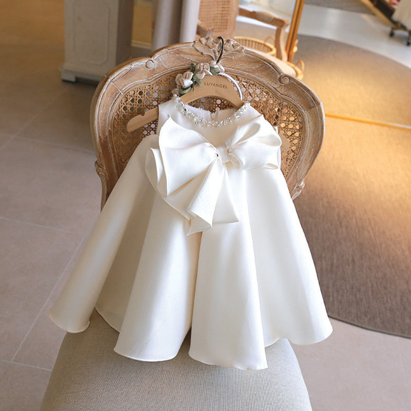 Abito Elegante da Cerimonia Bambina Bianco con Maxi Fiocco e Perline
