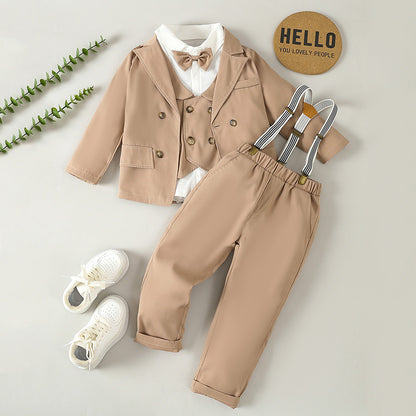 Elegante Completo per Bambini Beige con Bretelle e Papillon