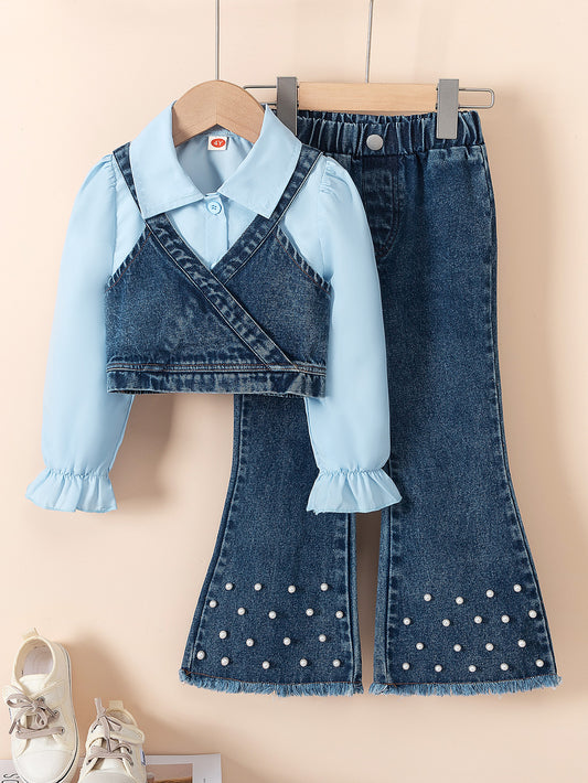 Completo Bimba  Elegante - Camicia Azzurra e Set in Denim con Perline