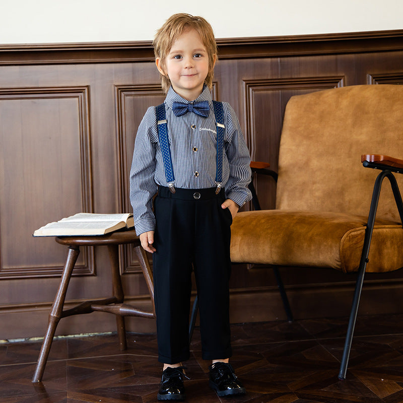 Completo Elegante Bambino con Papillon e Bretelle  Camicia a Righe e Pantalone Classico