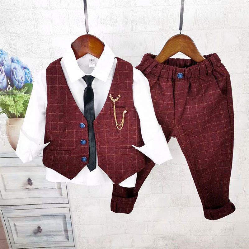 Completo Elegante Bimbo 3 Pezzi – Gilet e Pantaloni Bordeaux Check con Cravatta