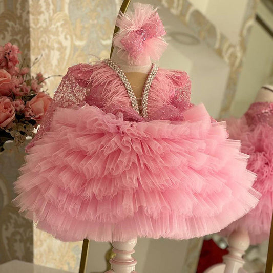 Abito Cerimonia Bambina - Tulle con Dettagli Brillanti e Piume