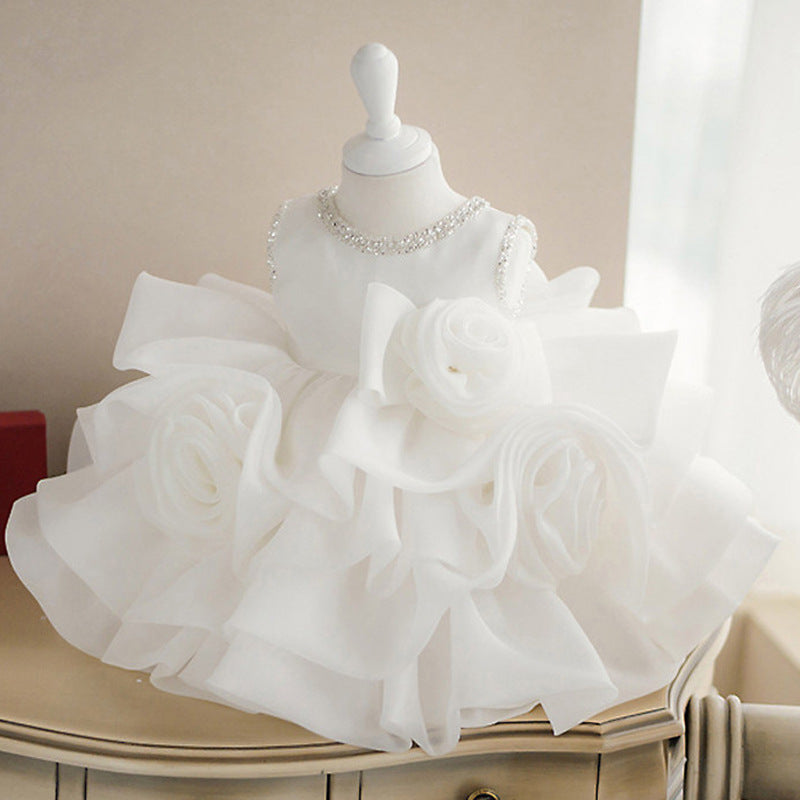 Abito Cerimonia Neonato Bianco con Rose in Organza e Strass