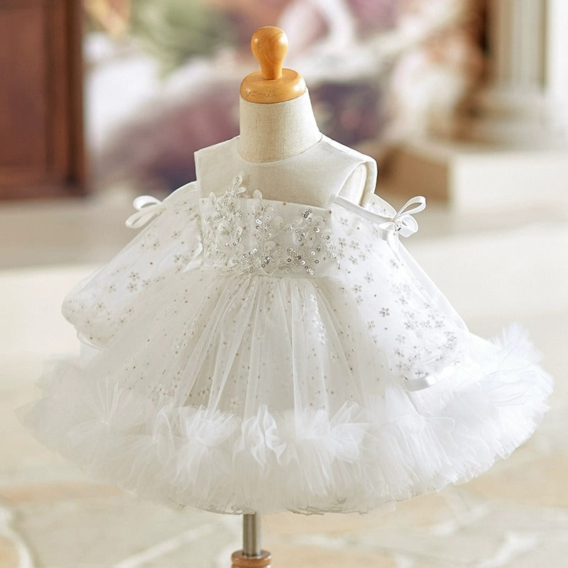 Abito Bianco da Cerimonia Bimba con Maniche in Tulle e Ricami