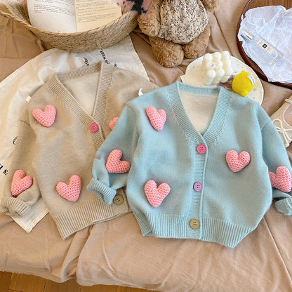Cardigan Bambina con Cuori 3D – Maglioncino Morbido in Maglia
