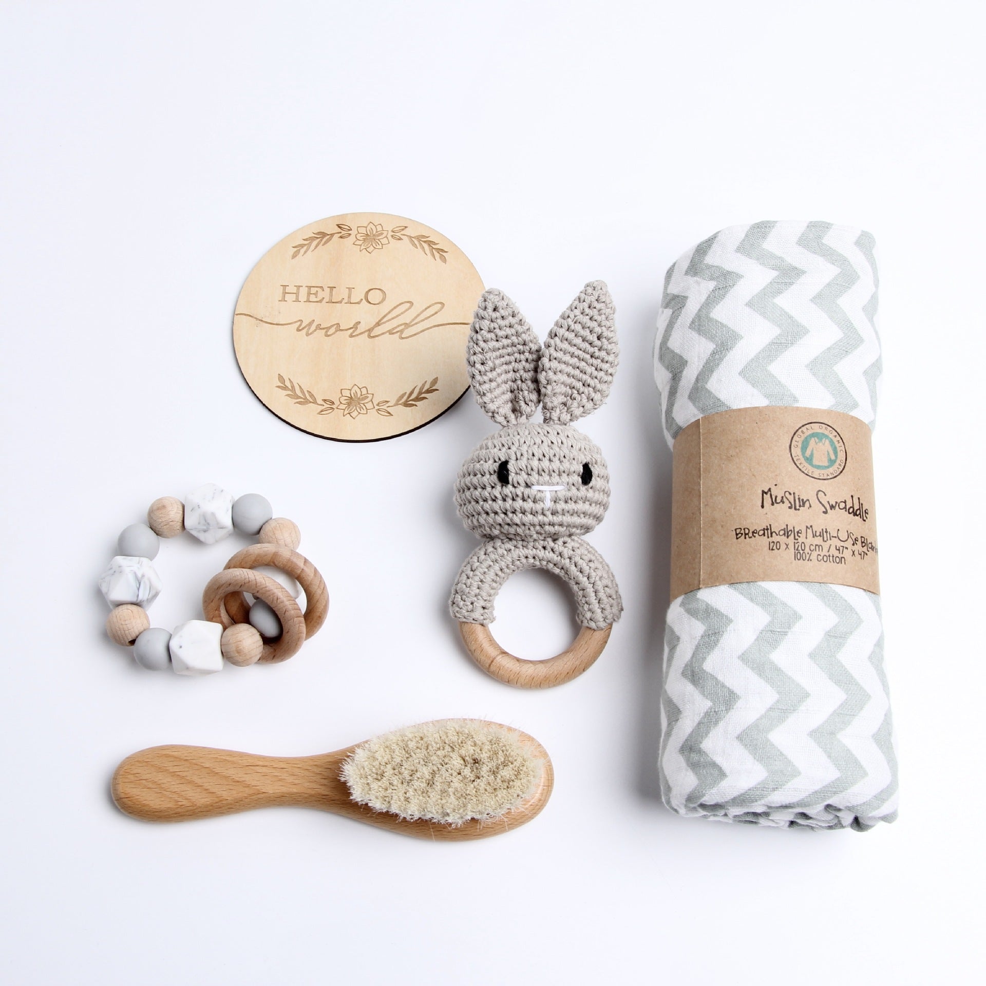 Set Regalo Neonato in Legno e Cotone grigio  e Naturale