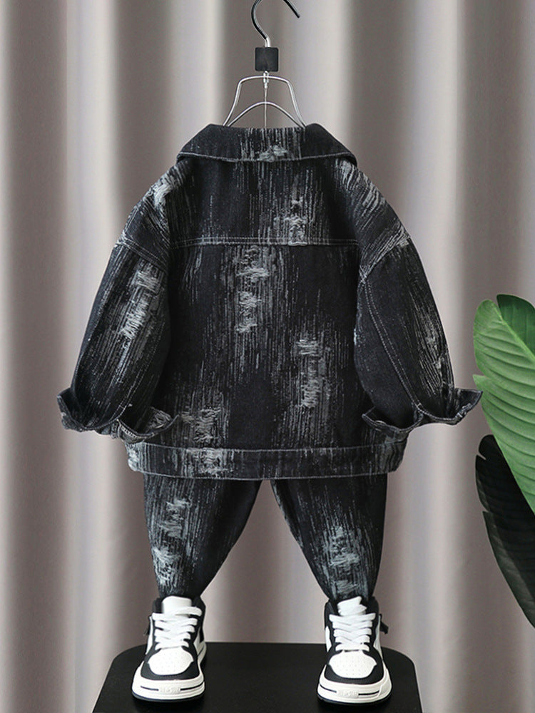 Completo Bambino in Denim Lavato  Giacca  e Jeans con Effetto Usura