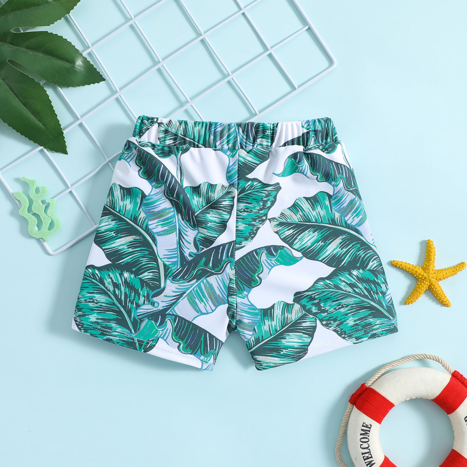 Pantaloncino da mare bambino   Fantasia Foglie Tropicali